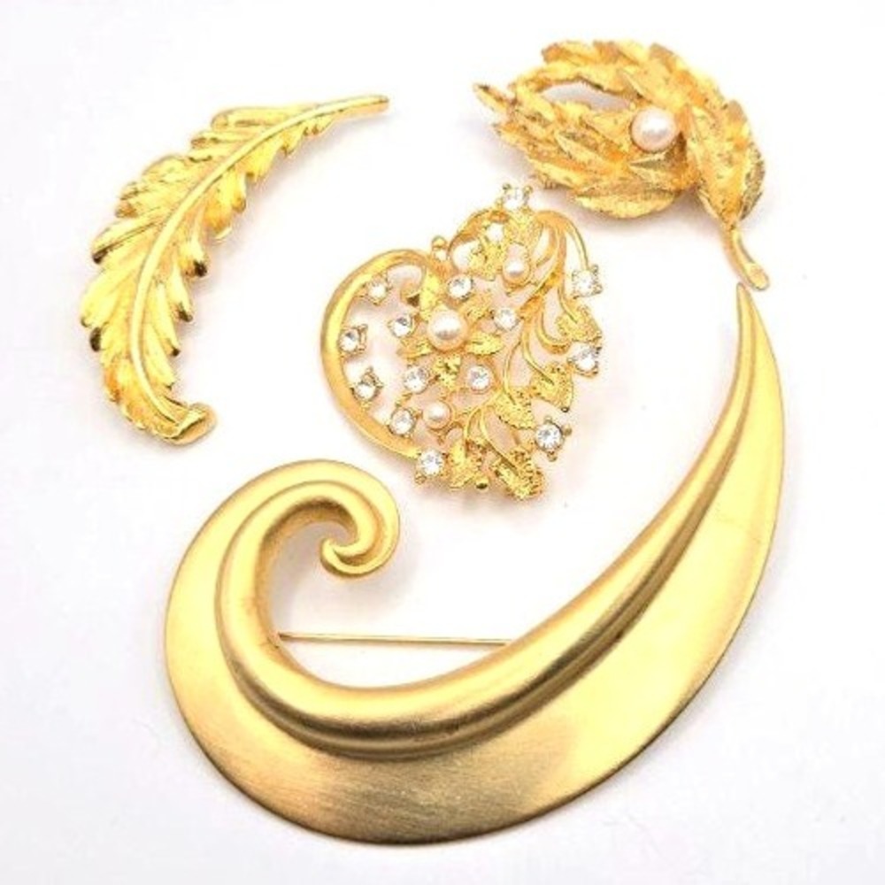 Four Vintage Gold Tone Brooches Two with Faux Pearls and One With Rhinestones